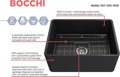 BOCCHI Classico Farmhouse Apron Front Fireclay 24 in. Single Bowl Kitchen Sink with Protective Bottom Grid and Strainer in M.Dark Gray