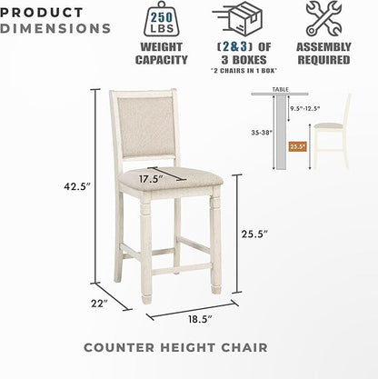 Lexicon Braun 5 Piece Counter Height Dining Table Set, Counter Height Dining Room Set for 4, Including 1 Round Kitchen Table and 4 Beige Fabric Upholstered Chairs, Antique White/Brown