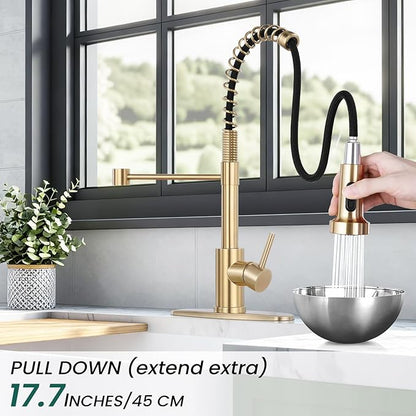 Kitchen Faucet with Pull Down Sprayer 1 Handle Pull Out Spring Sink Faucets 1 Hole Or 3 Hole Stainless Steel (Brush Gold)