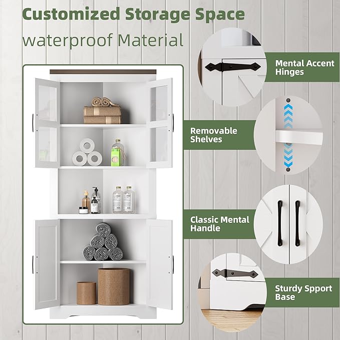 GarveeHome Tall Corner Cabinet, Farmhouse Corner Storage Cabinet with Glass Door & Adjustable Shelves, Space Saving Storage for Living Room, Kitchen, Bathroom, White