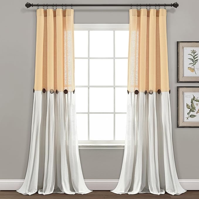 Lush Decor Linen Button Window Curtain Panel, Single, 40" W x 108" L, Yellow & White- Country Curtains - Rustic Decor - Color Block - Modern Farmhouse Curtains
