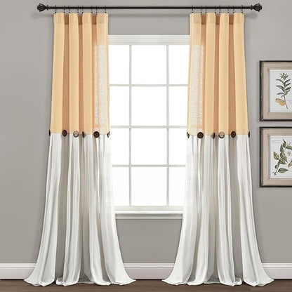 Lush Decor Linen Button Window Curtain Panel, Single, 40" W x 108" L, Yellow & White- Country Curtains - Rustic Decor - Color Block - Modern Farmhouse Curtains