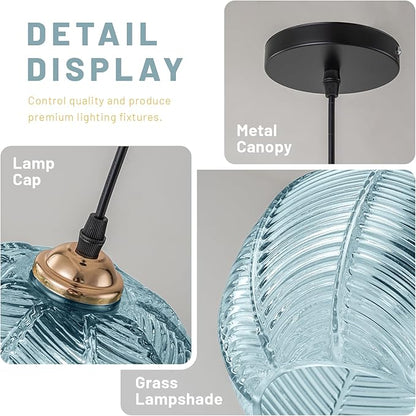 Glass Pendant Light Fixtures, Mid-Century Modern Hanging Lamp with 8.2" Light Blue Shade, Gold Chandelier Coastal Ceiling Light for Dining Table, Kitchen Island, Bedroom