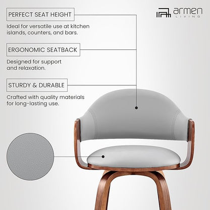 Armen Living Daxton Mid Century Modern Swivel Bar Stool for Kitchen Island Counter in Gray Faux Leather and Walnut Wood, 26" Seat Height