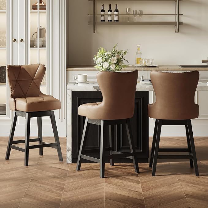 MALOL Swivel Bar Stools Set of 2, PU Leather Mid Century Mondern Barstools, 26 inch Counter Height Bar Chairs with Solid Back and Wood Legs, for Kitchen Island，Brown