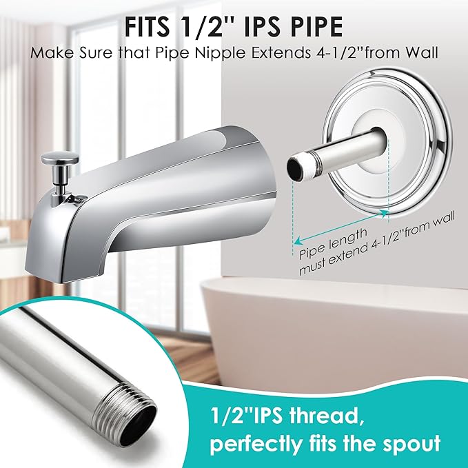 Universal Bathroom Tub Spout with Metal Tub Spout Cover Ring, 5 1/4 Inches Reach Wall Front Mount Faucet with Shower Diverter 1/2" IPS Inside Thread(Chrome)