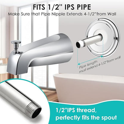 Universal Bathroom Tub Spout with Metal Tub Spout Cover Ring, 5 1/4 Inches Reach Wall Front Mount Faucet with Shower Diverter 1/2" IPS Inside Thread(Chrome)