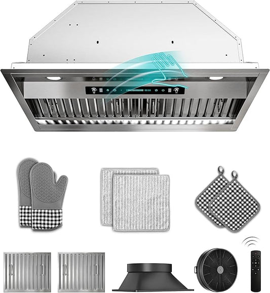 30 inch Stainless Steel Insert Range Hood - 900 CFM, Gesture Control, Ultra-Quiet 4-Speed Vent, LED Lights, Ducted/Ductless Convertible