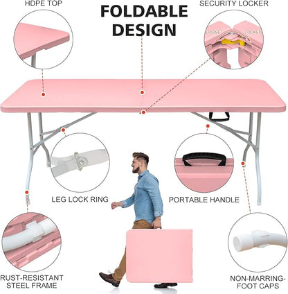 Portable 6Ft Plastic Folding Table, Heavy Duty 6ft Fold-in-Half Table with Carrying Handle, 6' Folding Utility Foldable Table for Picnic Party Camping Kitchen, Indoor/Outdoor (White)