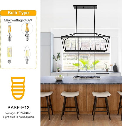 BONLICHT Modern Linear Chandelier Black 4 Light Industrial Kitchen Island Pendant Light Fixtures Ceiling Hanging with Metal Cage Shade, White Farmhouse Chandelier Dining Room Lighting Over Table