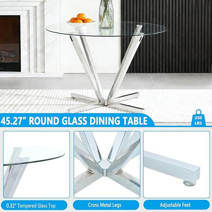 Round Dining Table for 4 6 People, 45.3" Modern Glass Kitchen Table, Circle Silver Dinner Table with 0.32" Thick Tempered Glass Top and Metal Legs, Glass Dining Room Furniture for Kitchen Living Room