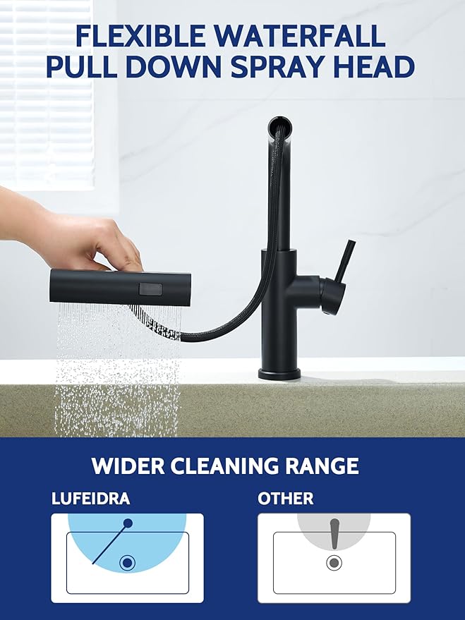 Kitchen Faucet with Pull Down Sprayer, Waterfall Single Hole Single Handle Sink Faucets with Pull-Down Sprayer for RV Kitchen Camper, Matte Black