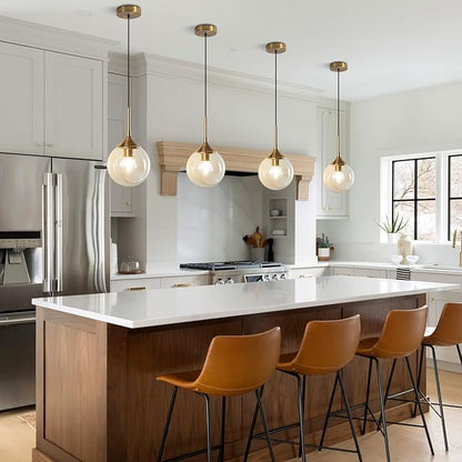 KCO Lighting Mid Century Modern Kitchen Island Pendant Lighting Gold 1-Light Amber Glass Globe Pendant Light Brushed Brass Large Living Room Pendant Light Fixture (2 Pack)