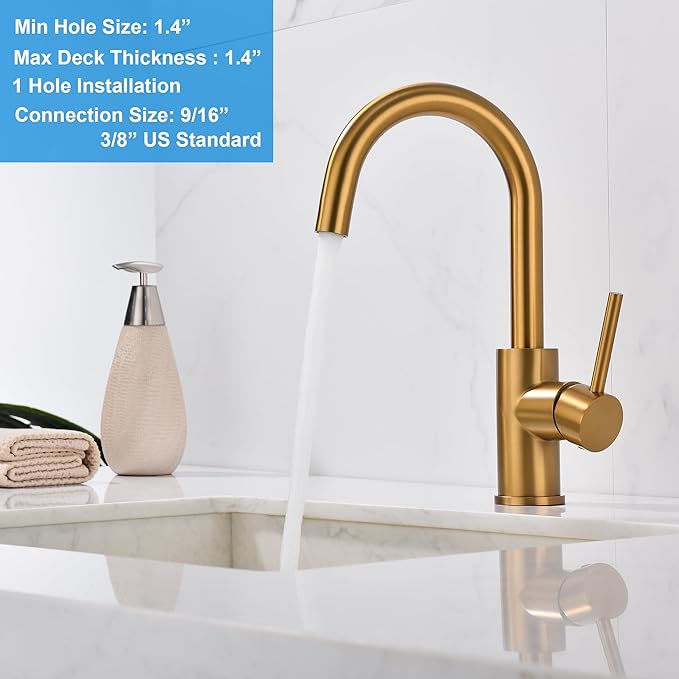 Brass Bar Faucet Single Hole, Brushed Brass Kitchen Sink Faucets, Single Handle Brush Gold Modern Wet Bar Sink Faucets, Stainless Steel Mixer Basin Taps, WI608BTG