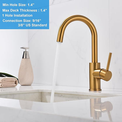 Brass Bar Faucet Single Hole, Brushed Brass Kitchen Sink Faucets, Single Handle Brush Gold Modern Wet Bar Sink Faucets, Stainless Steel Mixer Basin Taps, WI608BTG