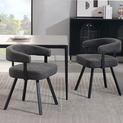 Modern Barrel Dining Chairs Set of 2, Grey PU Leather Upholstered Dining Room Chairs with Arms, Comfy Kitchen Chairs with Black Metal Legs for Dinner Living Room