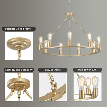 9-Lights Gold Chandelier | Dia 32'' Farmhouse Wagon Wheel Chandelier | Rustic Hanging Dining Room Light Fixture | Apply to Living Room | Kitchen Island | Entryway | Foyer