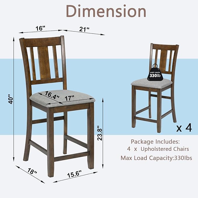 Set of 4 Dining Chairs, Wooden Kitchen Chairs with Padded Cushion, Upholstered Stools for Kitchen Island, Dining Room, Living Room, Easy Assembly (Walnut - Slatted backrest)