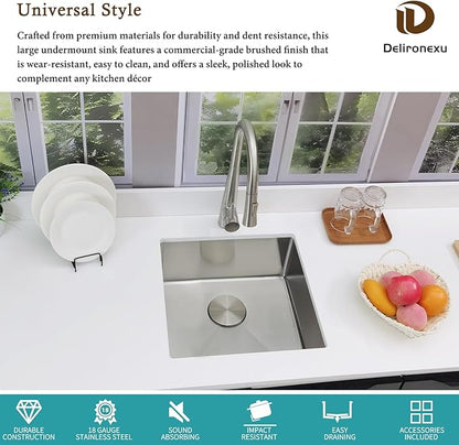 18 Inch Undermount Bar Sink – Delironexu 18 Gauge Stainless Steel Bar Sink, 18x18x8 Small Kitchen Sink with Brushed Finish, Wet Bar Sink Undermount for RV, Outdoor, and Prep Use