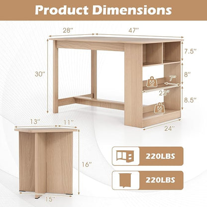 Dining Table Set for 4, Island Table for Kitchen with 3-Tier Shelves & 4 Stools, Wooden Kitchen & Dining Room Furniture, Dinette Set for Home, Restaurant, Bar, Bistro (Natural)