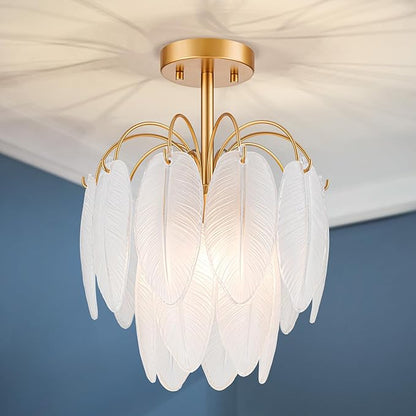 LumFurn D12 inch Glass Ceiling Light, 3-Light Modern Semi-Flushmount Close to Ceiling Light Fixture for Dining Room, Hallway & Bedroom, D12 x H16 in, Frosted Feather Glass Shade & Gold Finish Frame