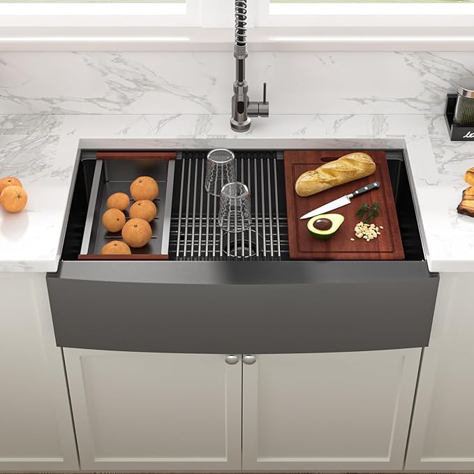 Sarlai 36 Black Farmhouse Sink Stainless Steel - 36 x 22 inch Kitchen Sink Ledge Workstation Gunmetal Black Farmhouse Sinks Apron Front 16 Gauge Stainless Steel Deep Single Bowl Kitchen Farm Sinks