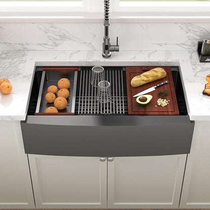 Sarlai 36 Black Farmhouse Sink Stainless Steel - 36 x 22 inch Kitchen Sink Ledge Workstation Gunmetal Black Farmhouse Sinks Apron Front 16 Gauge Stainless Steel Deep Single Bowl Kitchen Farm Sinks