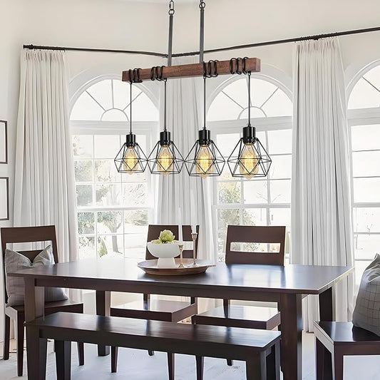4-Light Modern Farmhouse Chandelier for Dining Room - Black Metal & Rustic Wood Kitchen Island Lighting with Adjustable Height, 29.5" Linear Pendant Light Fixture with Diamond Shades, UL Listed