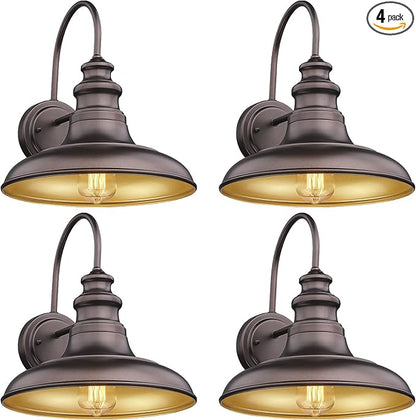 Outdoor Barn Light Fixture Farmhouse Wall Mount Light Wall Sconce Exterior Wall Lighting Fixture Industrial Bronze Finish Lantern for Porch with Gold Interior, 4Pack, RZ004-4PACK ORB