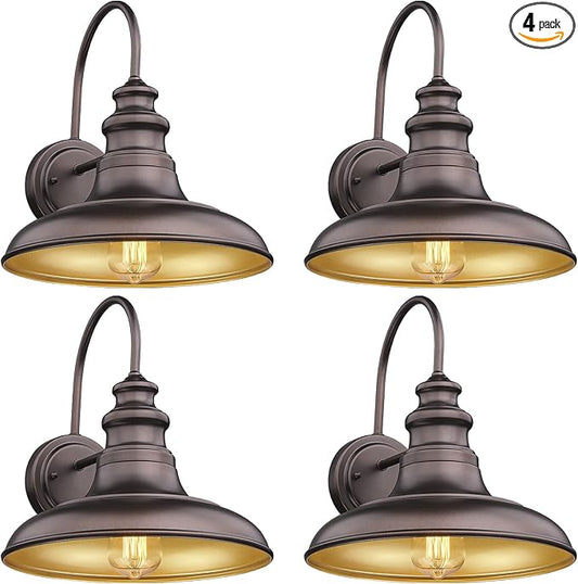 Outdoor Barn Light Fixture Farmhouse Wall Mount Light Wall Sconce Exterior Wall Lighting Fixture Industrial Bronze Finish Lantern for Porch with Gold Interior, 4Pack, RZ004-4PACK ORB