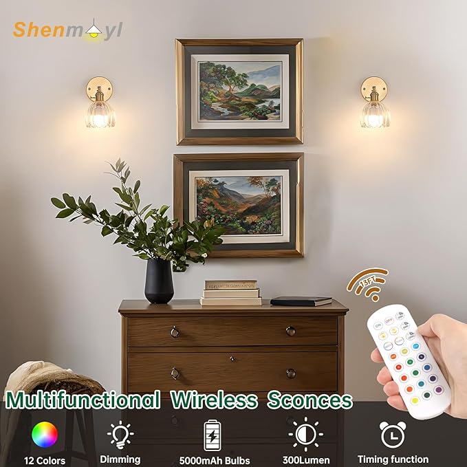 Shenmoyl Vintage Battery Operated Wall Sconce with Clear Tulip Glass Lampshade 5000 mAh Rechargeable Battery Powered Wall Light with Remote Control for Bedside Bedroom Doorway, Set of 2