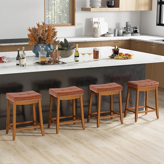 COSTWAY Saddle Bar Stools Set of 2, 25-Inch Counter Height Barstools w/PU Leather Seat, Solid Rubber Wood Frame, Footrest, Mid-Century Backless Counter Stools for Kitchen Island Home Bar