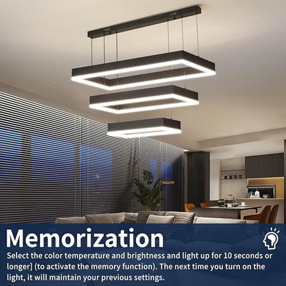 Modern Kitchen Island Pendant Light, Rectangle Dimmable LED Chandelier, 3 Layer Adjustable Ceiling Light Fixture for Dining Room, Living Room, Bedroom, 3000K-6500K, Black Foyer Hanging Light