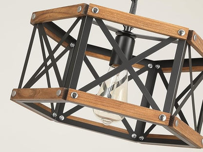 Rustic Farmhouse Plug in Pendant Light Fixture with Adjustable Chain, Dimmable Switch, 14.5 inch Industrial Oak Wood and Metal Cage Hanging Lamp for Kitchen Island Dining Room Farmhouse, Black