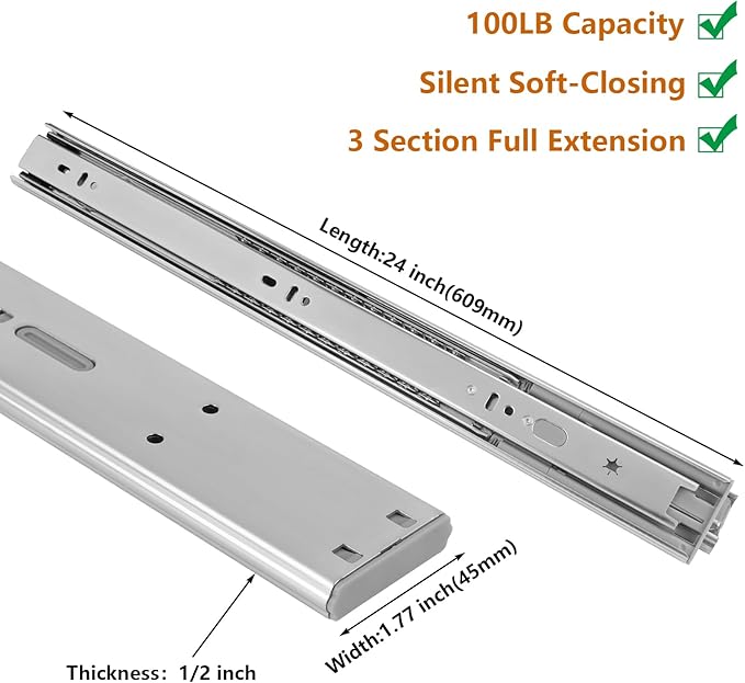 LONTAN 4 Pairs 24 Inch Heavy Duty Soft Close Drawer Slides - 100LB Load Capacity Full Extension Drawer Glides Side Mount Ball Bearing Dresser Cabinet Rails with Screws