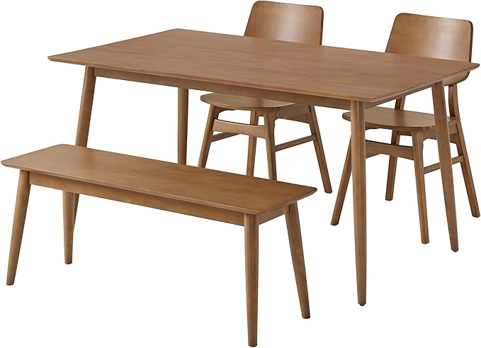 Alaterre Furniture Calais Dining – 4 Piece Dining Table Set for 4 with Chairs and Bench – Mid Century Modern 59-Inch Solid Wood Kitchen & Dining Room Table with Bench, and 2 Chairs (Pecan Finish)
