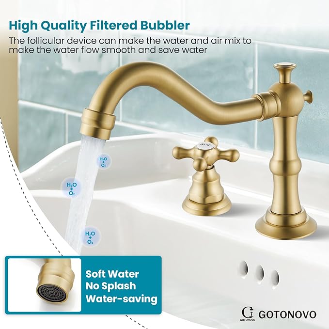 gotonovo Bathroom Faucet 3 Hole 8 Inch Widespread Bathroom Sink Faucet 2 Cross Handles Vintage Lavatory Vanity Mixer Tap with Pop Up Drain, HOT Cold Label, Brushed Gold