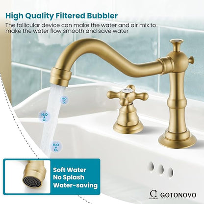 gotonovo Bathroom Faucet 3 Hole 8 Inch Widespread Bathroom Sink Faucet 2 Cross Handles Vintage Lavatory Vanity Mixer Tap with Pop Up Drain, HOT Cold Label, Brushed Gold
