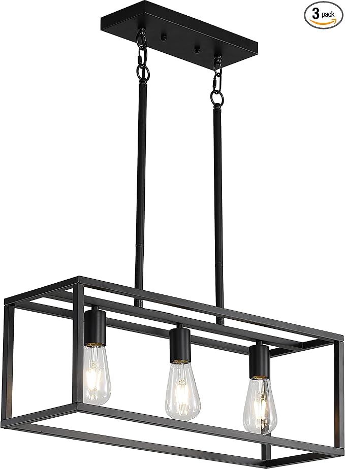 Black Kitchen Island Lighting, Modern Linear Cage Retangular Chandelier, 3 Lights Industrial Metal Hanging Light Fixture for Farmhouse Kitchen Dining Room Bar Foyer
