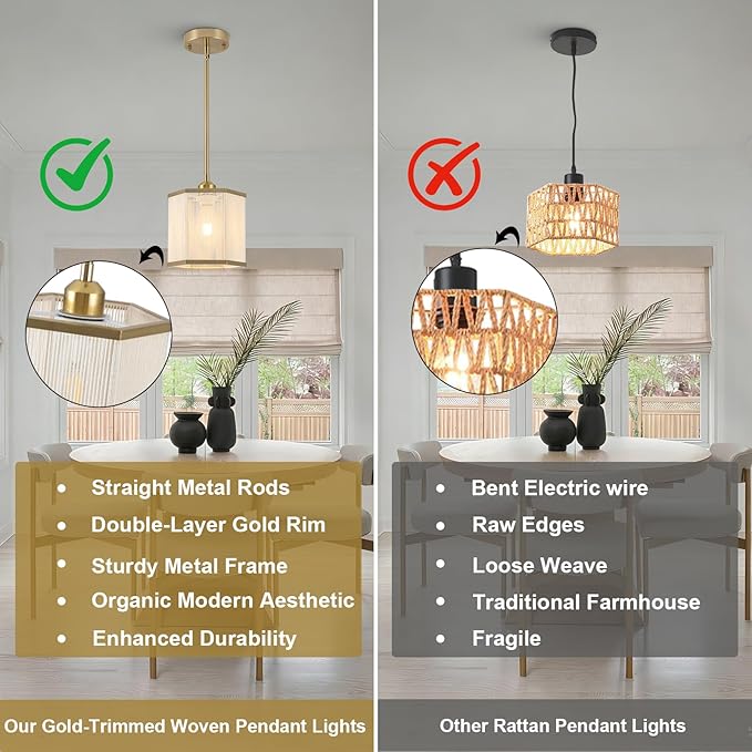 Hand-Woven Rattan Pendant Light with Gold Trim, 7.67" Boho Hexagonal Hanging Pendant Light Fixture, Coastal Mini Ceiling Lights for Kitchen Sink, Entryway, Bathroom, 1-Light, E26 Base, Gold