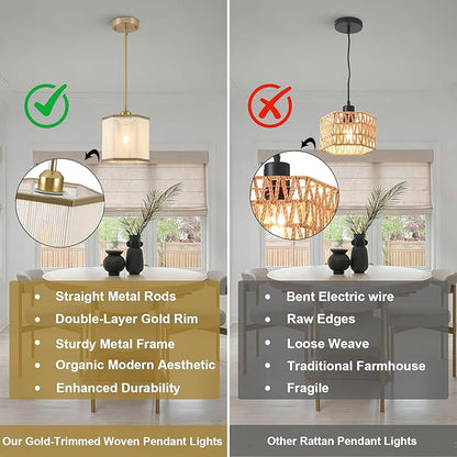 2-Pack Gold Woven Pendant Lights, 7.67" Mini Boho Rattan Hanging Pendant Light Fixtures, Modern Hexagonal Island Lights for Kitchen Island, Foyer, Hallway, E26 Base, Brass