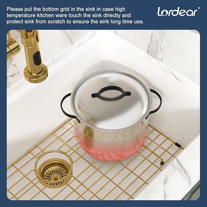 Lordear 28 Inch White Granite Composite Kitchen Sink Workstation 28x19 White Undermount Quartz Sinks Under Counter Single Bowl Sink with Classic Gold Accessories