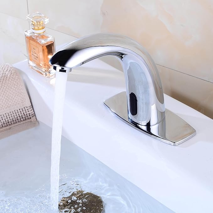 Automatic Touchless Bathroom Sink Faucet Motion Activated Sensor Faucets Hands Free Commercial Tap with Hole Cover Deck Plate Battery Operated Control Box Adjustable Temperature Mixer（Chrome）