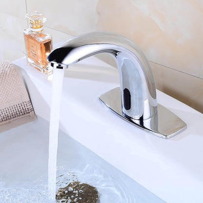 Automatic Touchless Bathroom Sink Faucet Motion Activated Sensor Faucets Hands Free Commercial Tap with Hole Cover Deck Plate Battery Operated Control Box Adjustable Temperature Mixer（Chrome）