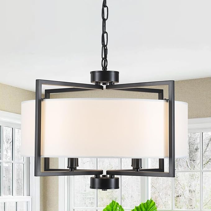 19.7" Drum Pendant Light Fixture, 4 Light Drum Chandelier with Wihte Fabric Lampshade, Farmhouse Kitchen Island Chandeliers over Table Black Hanging Lights Fixture for Dining Room Bedroom Living Room