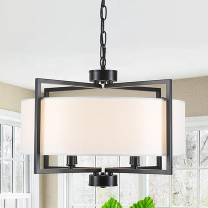 19.7" Drum Pendant Light Fixture, 4 Light Drum Chandelier with Wihte Fabric Lampshade, Farmhouse Kitchen Island Chandeliers over Table Black Hanging Lights Fixture for Dining Room Bedroom Living Room
