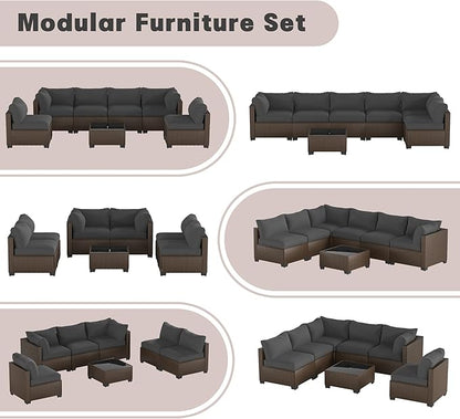 Patio Furniture Set, 7-Piece Outdoor Sectional Couch with Coffee Table & Thick Cushions, Outdoor Wicker Conversation Set for Backyard, Poolside, Garden (Brown-Grey, 7 Piece-Single)