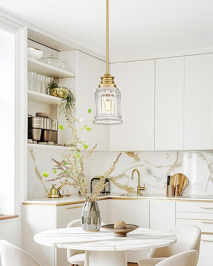 HWH Modern Hanging Pendant Lights, Brushed Gold Pendant Light with Bell-Shaped Fluted Clear Glass, Hanging Light Fixture Adjustable for Kitchen, 5HZG106MIL-L BG