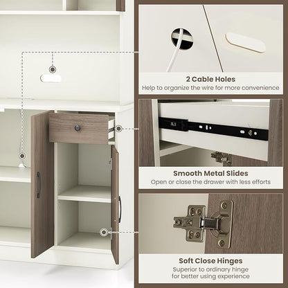 Giantex 71" Buffet Hutch Cabinet with Power Outlet, Kitchen Hutch Sideboard, Buffet Pantry on Island, Wood Kitchenware Server with Drawer, Shelf and Storage Cabinet (White & Walnut)
