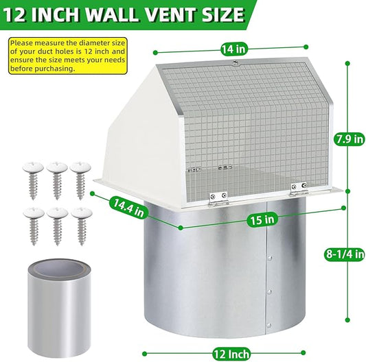 12 Inch Hooded Wall Vent with Screen and Damper, Outdoor Wall Exhaust Vent Cover Cap for Duct Dryer Range Hood Exterior Heating Cooling Ventilation and Outside Air Exhaust, Galvanized Steel, White